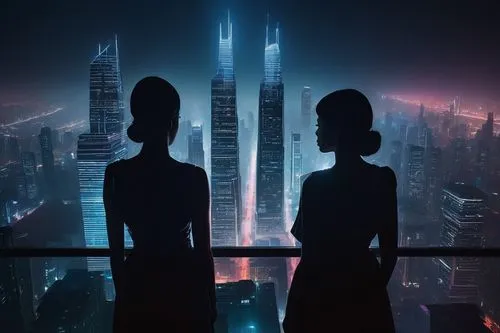 futurists,couple silhouette,dystopian,metropolis,replicants,capcities,skyscrapers,afrofuturism,priestesses,monoliths,watchers,coruscant,millenniums,cyberpunk,sentinels,skywatchers,urban towers,nightstalkers,skygazers,bladerunner,Conceptual Art,Daily,Daily 15