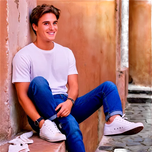 Guys, smiling, joyful facial expression, bright eyes, white teeth, casual wear, jeans, plain T-shirt, sneakers, relaxed posture, leaning on wall, soft lighting, warm color tone, shallow depth of field