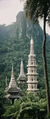 Malay architecture, ancient temple, intricate carvings, ornate details, pointed domes, minarets, Islamic influence, vibrant tile work, geometric patterns, grand entrance, stone walls, lush greenery su