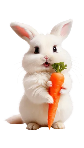 Cute baby bunny, white fluffy fur, pink nose, big round eyes, twitching whiskers, soft ears, sitting posture, holding a carrot, warm lighting, pastel colors, 3/4 composition, shallow depth of field, a