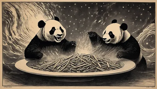 pandas,chinese panda,panda bear,pandabear,panda,chinese cuisine,chinese food,giant panda,dinner for two,chinese restaurant,dim sum,xiaolongbao,yin and yang,chop sticks,yin-yang,taiwanese cuisine,anthropomorphized animals,yin yang,hong kong cuisine,chinese noodles,Illustration,Black and White,Black and White 23