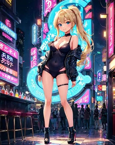 sexy alluring tall blonde female stripper 
strip club at night
large breasts
slim waist
wide hips
long blonde hair ponytail
blue eyes
long legs
black lingerie
seductive smile
bra and panties
high heel