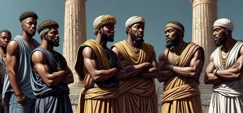 ancient greek philosophers talking to modern rappers in a roman greek theater. the image has the style of an anime drawing,the six ancient men are standing by some columns,orishas,school of athens,isr