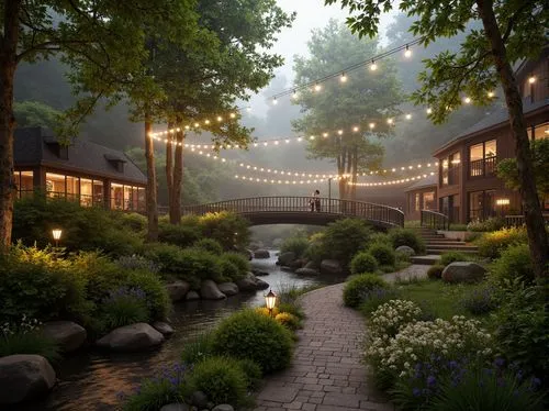 montreat,greenforest,teahouse,meadowood,heathman,auberge,evening atmosphere,country hotel,courtyards,kinkade,streamwood,fairy lights,sake gardens,teahouses,forest house,creekside,cloudland,walkway,lights serenade,riverwoods