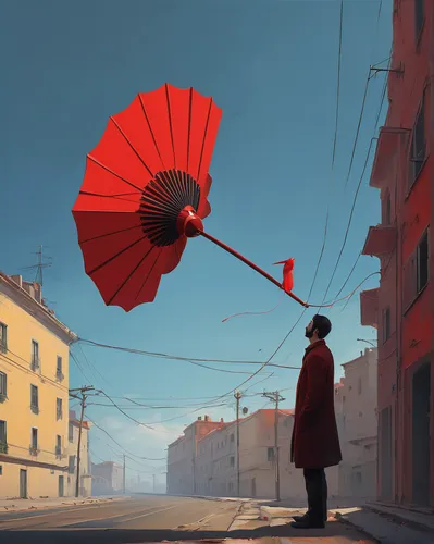 man with umbrella,parasol,asian umbrella,overhead umbrella,summer umbrella,japanese umbrella,parasols,red balloon,umbrella,world digital painting,scythe,japanese umbrellas,mary poppins,transistor,umbrellas,color fan,street lamp,red string,brolly,huge umbrellas,Conceptual Art,Sci-Fi,Sci-Fi 07