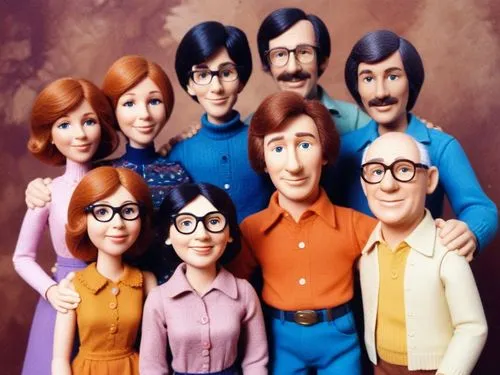 70s Family picture of claymation characters ,a family is posed in front of an old po,retro cartoon people,cartoon people,mocedades,violet family,marzipan figures,livingstons