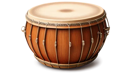 Tabla drum, Indian classical instrument, brown wood grain, intricate carvings, metallic rings, soft golden lighting, shallow depth of field, detailed textures, 3/4 composition, warm color tone, realis