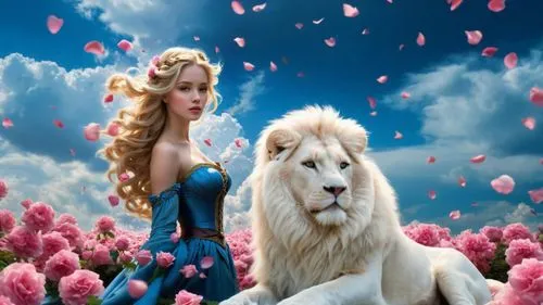 Garden of Eden, all-consuming whirlwind of love from pink rose petals, blue sky, clouds around, huge white fluffy lion,a woman with long blond hair sitting in the grass next to a white lion,etheria,fa