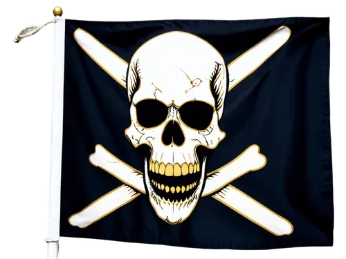 Pirate flag, Jolly Roger, black background, white skull, crossbones, red eyes, gold teeth, torn edges, worn out, waving in wind, dynamic movement, high contrast, dramatic lighting, cinematic compositi