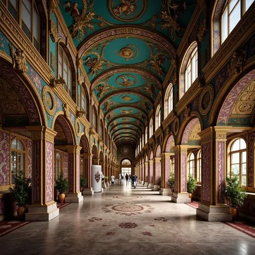 Intricate mosaics, golden accents, ornate arches, lavish frescoes, richly patterned textiles, Byzantine-inspired domes, vibrant turquoise hues, regal purple tones, luxurious marble floors, ornamental 