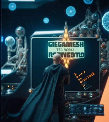 a bald man with his back to the camera looking at a futuristic, super-detailed electronic controls panel esferas de cristal prefects reflections,gizmondo,glosserman,glommed,gamesmaster,gamestar,gemolo