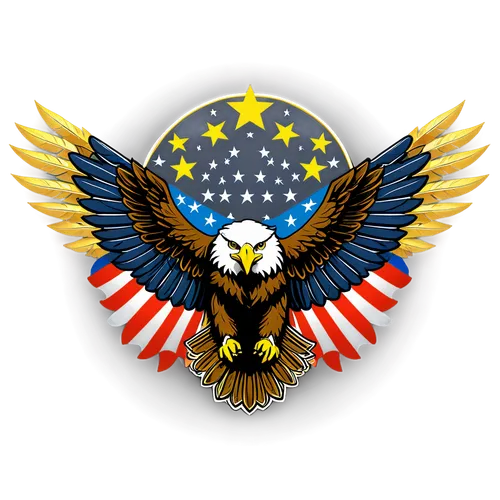 American flag, golden eagle, shield, olive branch, arrows, liberty torch, circular composition, detailed feathers, stars and stripes, patriotic colors, soft lighting, cinematic rendering, high-resolut