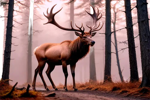 Wild elk, majestic antlers, brown fur, muscular body, strong legs, hooves, forest surroundings, misty morning, soft sunlight, 3/4 composition, shallow depth of field, warm color tone, cinematic lighti