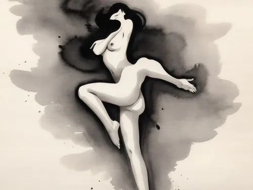 ink painting,silhouette dancer,smoke dancer,volou,dance silhouette,dancer,danseuse,woman silhouette,fluidity,sumi,charcoal drawing,musidora,charcoal,dance with canvases,tusche indian ink,body scape,watercolor pin up,gesture,white figures,balletic,Illustration,Paper based,Paper Based 30