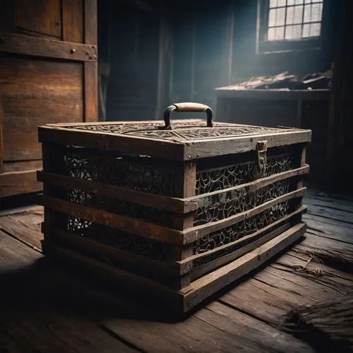 Mysterious abandoned box, old wooden crate, rusty metal handle, intricate carvings, dusty surface, dimly lit, foggy atmosphere, abandoned warehouse, cobwebs covering, eerie silence, low-angle shot, ci