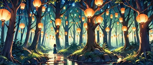 A Magic forest made of trees that have lanterns in them, at night ,cartoon forest,enchanted forest,fairy forest,forest of dreams,tree grove,forest glade,elven forest,fairytale forest,forest path,fores