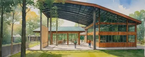 watercolor architectural sketch interior of an educational center; wood plank ceiling with industrial metal beams and columns; A hallway with glass garage doors looking into vocational classrooms. Gol