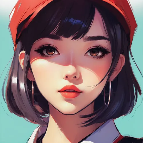 retro girl,girl portrait,beret,study,vector girl,digital painting,red cap,studies,red hat,practice,closeup,clementine,face portrait,cherry,acrylic,mulan,baseball cap,scribble,persona,girl wearing hat,Conceptual Art,Fantasy,Fantasy 19