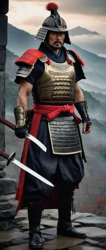 Karl Urban, Kanō-inspired, Japanese-style armor, muscular man, brooding facial expression, intense gaze, dark eyebrows, short black hair, stubble beard, intricately designed chest plate, samurai-inspi