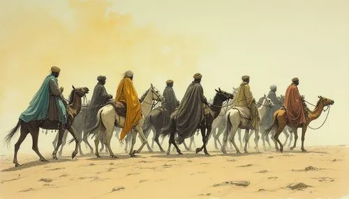 samarra,camel caravan,fremen,guards of the canyon,rohirrim,ghadeer,Illustration,Realistic Fantasy,Realistic Fantasy 29