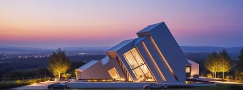 an unusual church that looks to be on top of a hill,goetheanum,snohetta,futuristic architecture,modern architecture,futuristic art museum,cube house,Photography,General,Natural