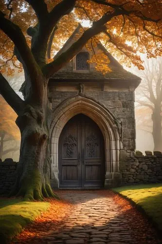 springhouse,the threshold of the house,witch's house,lychgate,fairy door,stone gate,doorways,the door,gatehouses,church door,wooden door,doorway,ancient house,hallows,fantasy picture,witch house,creepy doorway,briarcliff,autumn background,forest chapel,Illustration,Paper based,Paper Based 27