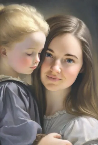 A six-year-old blonde daughter in the arms of a young brunette mother. Image in the style of Diego Rodriguez de Silva Velazquez.,church painting,little girl and mother,oil painting,christ child,holy f