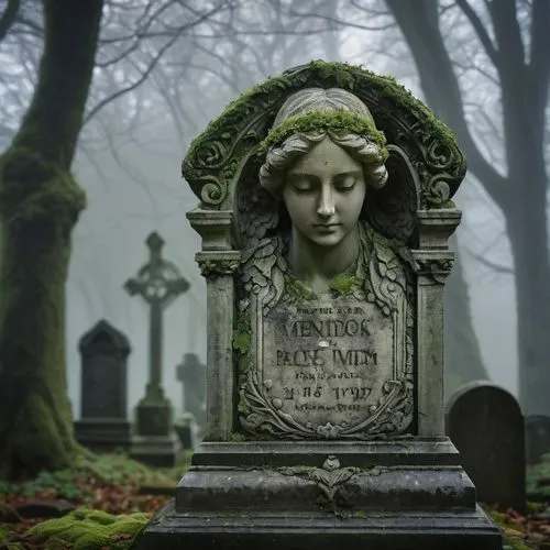 Ancient, worn, weathered headstone, ornate Gothic style, intricately carved angel statue on top, delicate vines wrapping around the edges, moss covered, cracked surface, faded golden lettering, names 