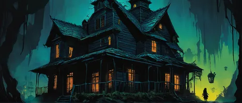 Create a thrilling mystery where Denisse Guerrero unravels a dark secret in a haunted house.,witch's house,witch house,haunted house,the haunted house,creepy house,house in the forest,house silhouette