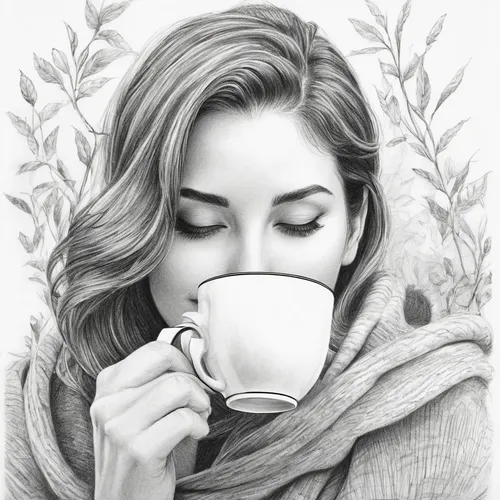 Sip on a warm cup of tea and embrace tranquility.,coffee tea illustration,woman drinking coffee,coffee tea drawing,drinking coffee,pencil drawing,coffee background,cappuccino,a cup of coffee,pencil dr