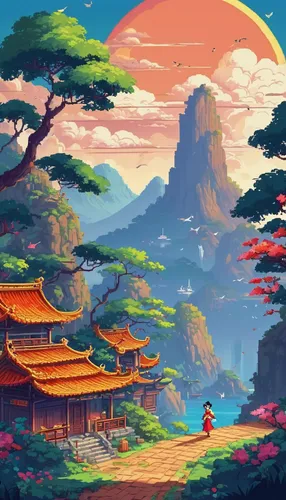 mushroom landscape,world digital painting,fantasy landscape,landscape background,bird kingdom,japan landscape,kyoto,cartoon video game background,japanese background,japanese sakura background,colorful background,chinese background,ancient city,oriental,chinese temple,mulan,meteora,futuristic landscape,chinese clouds,bonsai,Unique,Pixel,Pixel 05