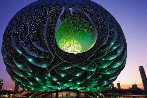 In a futuristic city, a lotus seed pod holds the secret to sustainable energy. Write a news article about it.,dubai garden glow,glass sphere,globe flower,lotus pod,shanghai disney,giant water lily bud