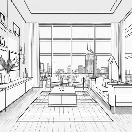 office line art,penthouse apartment,apartment,an apartment,livingroom,loft,living room,apartment lounge,shared apartment,backgrounds,sky apartment,working space,modern room,coloring page,kitchen-living room,modern living room,modern office,interior design,kitchen design,background vector,Illustration,Black and White,Black and White 04