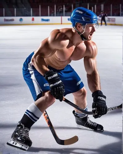 Muscular men, shirtless, sweaty, athletic build, broad shoulders, strong chest, six-pack abs, hockey sticks, helmets, gloves, shin guards, ice rink, stadium, bright arena lights, dynamic action poses,