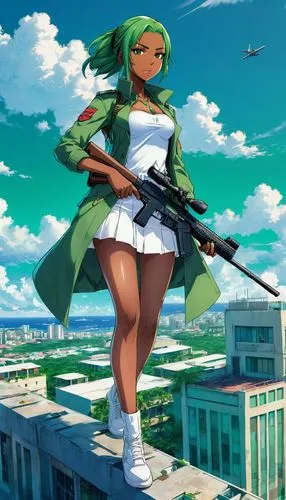 jade,rifle,girl with gun,kosmea,wiz,kotobukiya,girl with a gun,honolulu,marina,bullet,erika,emerald,glass rock,tiana,rio,kenya,kalashnikov,kasperle,belarus byn,sage color,Illustration,Japanese style,Japanese Style 03