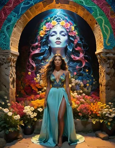 a girl in a long blue dress and headdress posing by flowers,beyonce,tropico,beyonc,biophilia,ahlam,knowles,Illustration,Realistic Fantasy,Realistic Fantasy 25