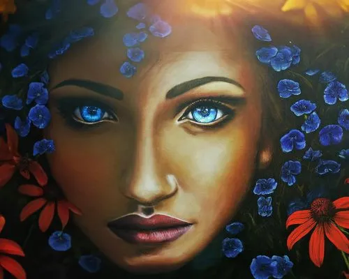 girl in flowers,ojos azules,flower painting,majorelle blue,oil painting on canvas,girl in a wreath,woman's face,mystical portrait of a girl,oil on canvas,woman face,blue hydrangea,flora,polynesian girl,oil painting,girl in the garden,woman portrait,flower art,glass painting,women's eyes,art painting