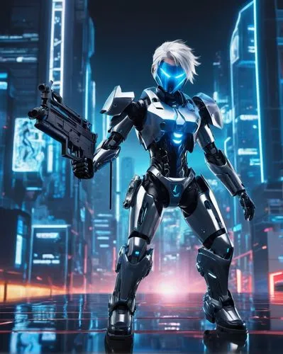 Roblox game scene, futuristic cityscape, neon lights, 3D graphics, robotic character, shiny metal body, glowing blue eyes, silver hair, advanced armor, metallic chest plate, mechanical legs, high-tech