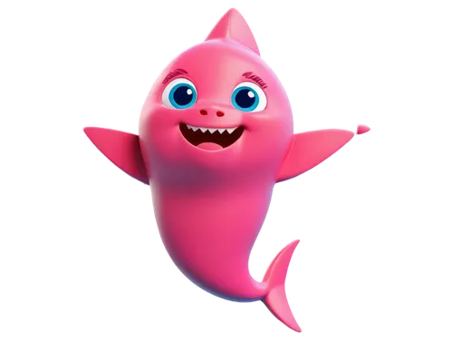 Baby Shark, cartoon character, pink shark, smiling face, bright blue eyes, white belly, fins up, swimming pose, colorful ocean background removed, solo, childlike, cute, 3D animation style, vibrant co