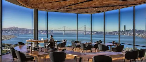 Bay Area Architecture & Design Summit, modern conference center, glass curtain wall, steel frame structure, minimalist interior design, wooden flooring, sleek podium, projection screens, audience seat