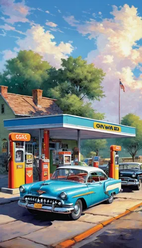 gas-station,retro diner,gas station,electric gas station,e-gas station,retro car,50s,chevrolet impala,1955 montclair,convenience store,retro automobile,car hop,pontiac,petrol pump,hudson hornet,drive in restaurant,chevrolet bel air,fifties,route66,route 66,Art,Classical Oil Painting,Classical Oil Painting 35