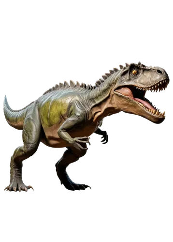 Dinosaur fossil, ancient creature, Tyrannosaurus Rex, greenish-brown skin, sharp teeth, powerful legs, strong tail, rough texture, detailed scales, museum display, warm lighting, shallow depth of fiel