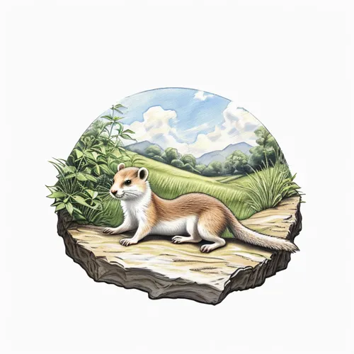 A watercolor painting depicts a small, round weasel stand in a lush, green field. The canvas is still, but the colors in the painting exude a sense of movement and texture. The weasel appears to be pa