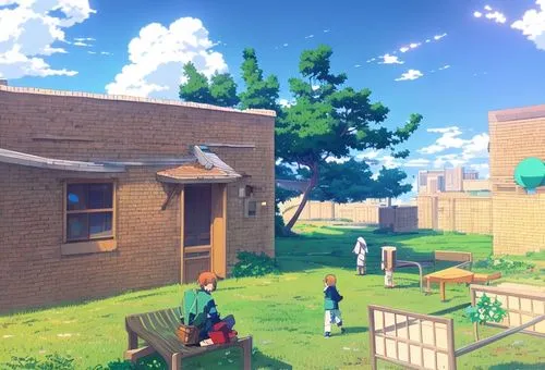 torekba,recess,kindergarten,play street,studio ghibli,play yard,adventure game,residents,elementary,playground,neighborhood,android game,dormitory,elementary school,anime 3d,3d render,suburb,panoramic