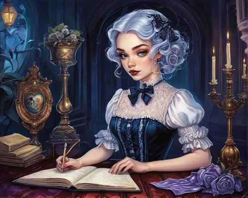 victorian lady,fantasy portrait,gothic portrait,librarian,victorian style,game illustration,victorian,cinderella,jane austen,author,sci fiction illustration,romantic portrait,fairy tale character,fantasy art,book illustration,girl studying,tutor,writing-book,blue enchantress,mystical portrait of a girl,Illustration,Abstract Fantasy,Abstract Fantasy 11