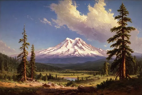 Mount Shasta, 1870 by Gilbert Munger (1837-1903, United States) | Museum Quality Reproductions | WahooArt.com,mount hood,mountain scene,stratovolcano,mountain landscape,rainier,mt hood,denali,salt mea