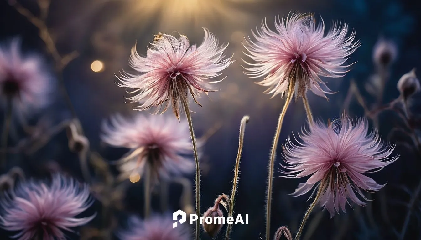 prairie smoke flowers at night, oil on canvas, with the velvety, midnight blue background blurred to emphasize the delicate, feathery plumes that softly aglow with an ethereal, moonlit luminescence. T