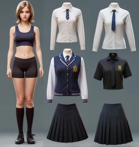 Paper dolls British 16 year old schoolgirl in black sleeveless shirt ,black tight fit spandex shorts with black sock and black shoe standing surrounded by with a set of British school uniform, white d