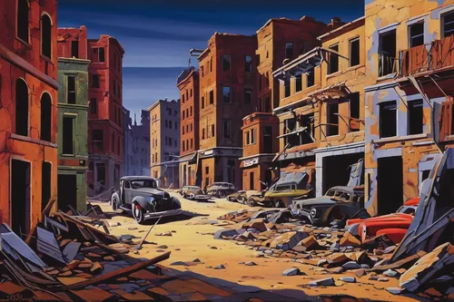 destroyed city,slum,demolition,baltimore,rustico,drexel,rescue alley,seismic,earth quake,harlem,post-apocalyptic landscape,earthquake,apocalypse,orlovsky,pueblo,wall,1982,street canyon,larambla,detroit,Illustration,American Style,American Style 05