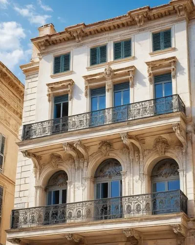 Marseille, French architecture, grandeur building, white stone façade, ornate decorations, columned entrance, arched windows, balconies with iron railings, red-tiled roof, Mediterranean landscape, blu